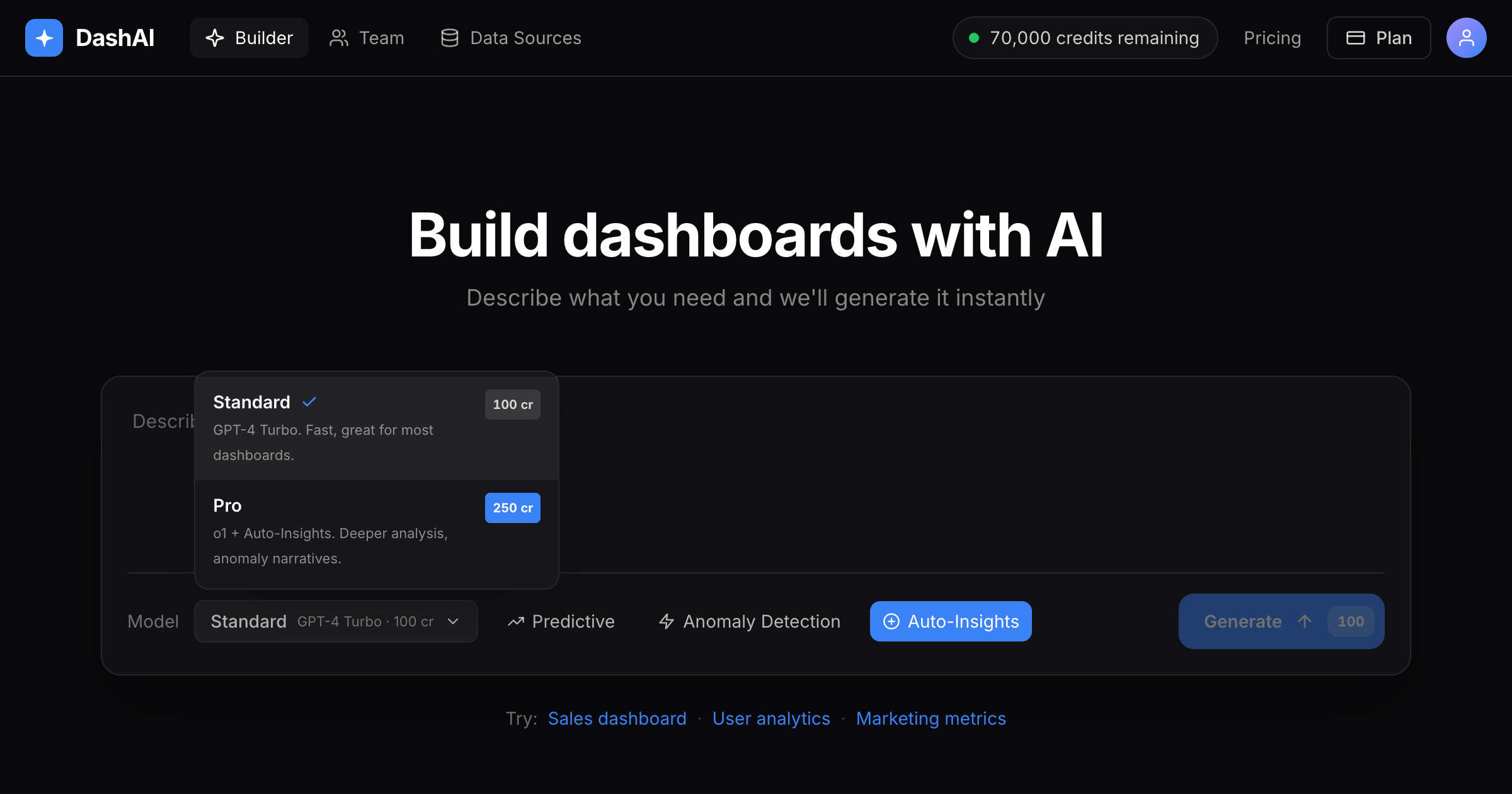 The Builder model picker. Standard is 100 credits, Pro is 250. Cost shows on the Generate button before the user commits.